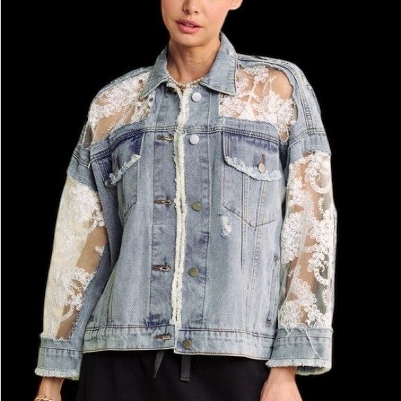 DAVI & DANI Denim Jacket with Lace Detail - Picture 2 of 9